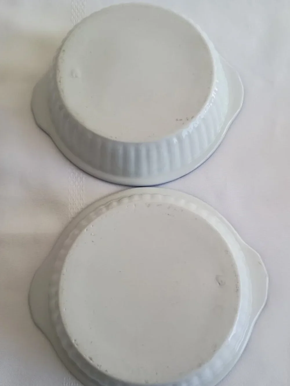 Vintage White Ceramic Baking Dishes with Blue Trim